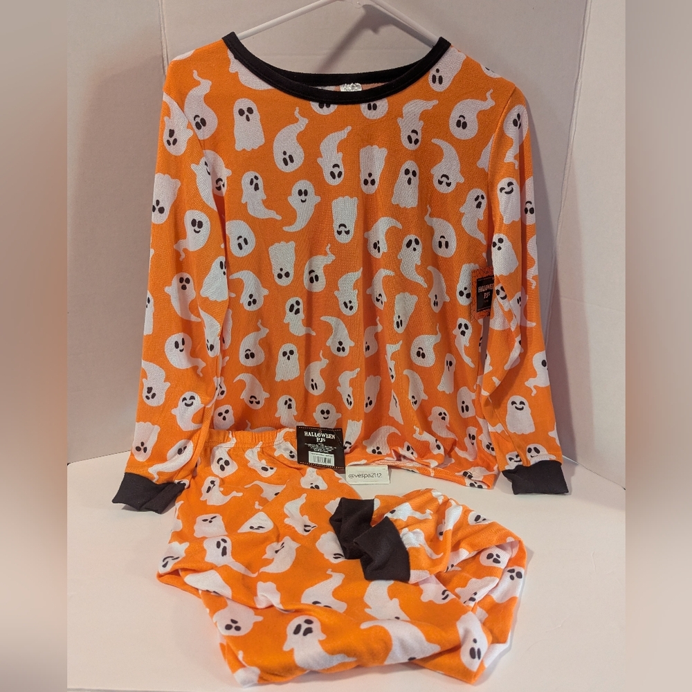Halloween Ghost Pajama Set Woman's Size Large Orange & White PJ W/ Ghosts